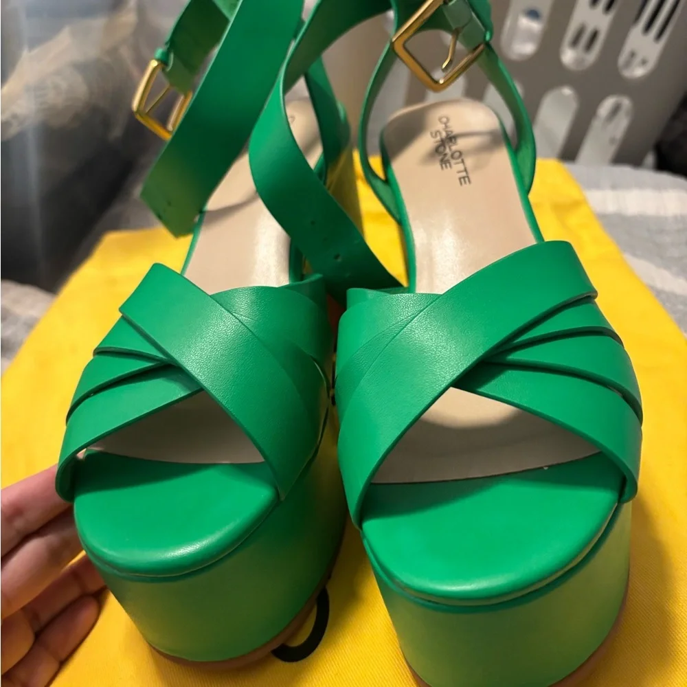 Charlotte Stone Green Judd Platform Sandals Size 9/8.5 - Picture 3 of 4